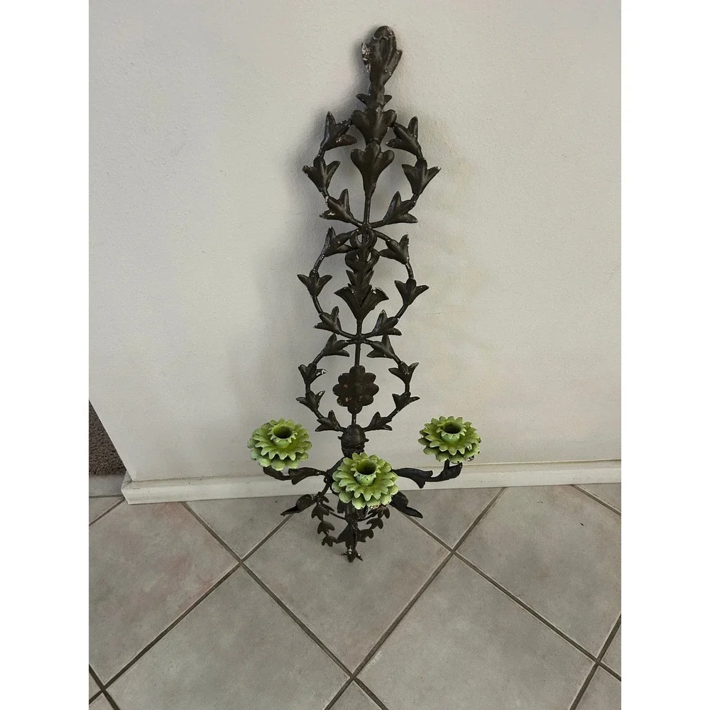 Antique Wrought Iron Wall Sconce Candelabra Green Flower Leaf Ornate Dark